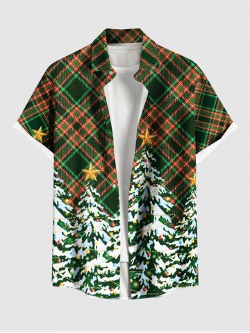 Plus Size Christmas Tree Plaid Print Button Pocket Shirt For Men - OLIVE GREEN - S