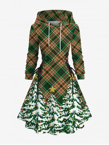 Plus Size Christmas Tree Plaid Print Lace Up Hooded A Line Dress - OLIVE GREEN - 4X