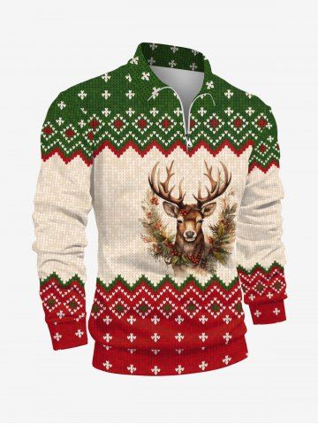 Plus Size 3D Knit Christmas Tree Elk Zig Zag Print Zipper Polo Shirt For Men - APRICOT - S