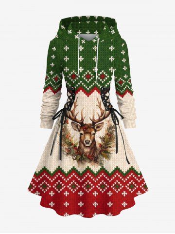 Plus Size 3D Knit Christmas Tree Elk Zig Zag Print Hooded Lace Up A Line Dress - APRICOT - 1X
