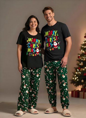 Matching Santa Claus Snowflake Letter Christmas Pajamas for Couples Sleepwear Set - BLACK