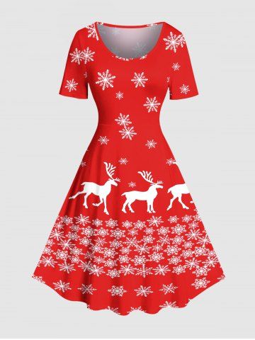 Plus Size Christmas Elk Snowflake Print Vintage Dress - RED - S