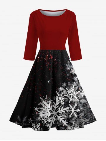 Ombre Christmas Snowflake Printed Midi 50's Vintage A Line Dress - RED - L