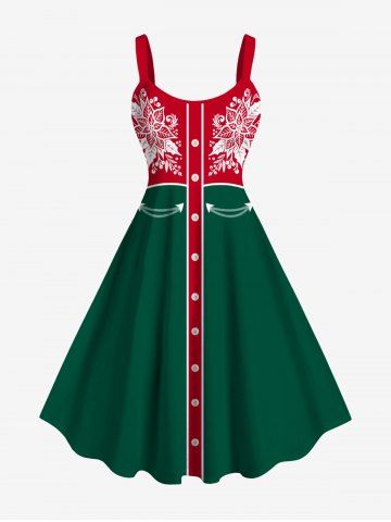 Plus Size Christmas Flower Leaf Holly Print A Line Dress - DEEP GREEN - XXS