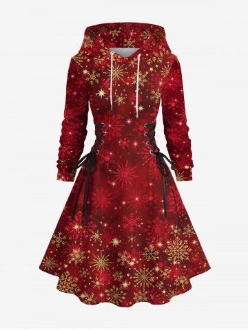 Plus Size Christmas Snowflake Tie Dye Print Lace Up Drawstring Hoodie Dress - RED - 6X