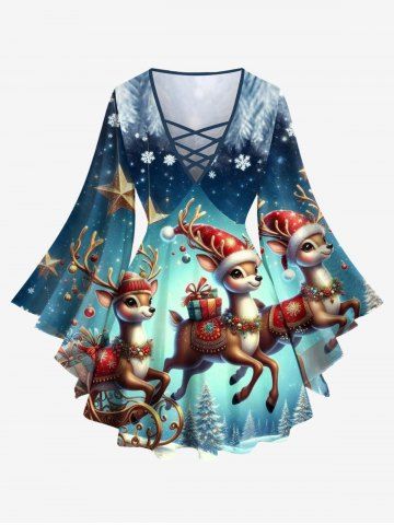 Plus Size Christmas Tree Elk Snowflake Ombre Print Lattice Long Sleeves T-shirt - SKY BLUE - M