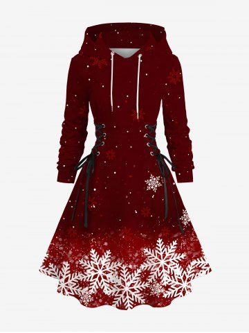 Plus Size Christmas Snowflake Ombre Print Lace Up Drawstring Hoodie Dress - RED - 6X