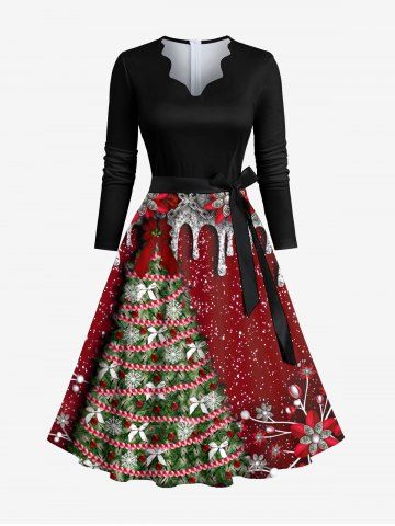 Plus Size Christmas Tree Flower Snowflake Paint Drop Print Scalloped Neck A Line Dress with Removable Belt - RED WINE - M