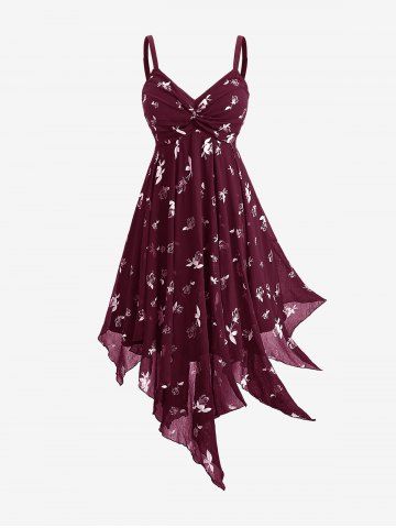 Plus Size Gilding Floral Print Ruched Asymmetric Backless A Line Cami Dress(Adjustable Shoulder Strap) - DEEP RED - 1X | US 14-16
