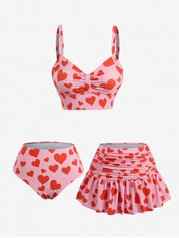 Maillot de bain tankini 3 pièces avec jupe froncée à imprimé cœur - LIGHT PINK - XXXL
