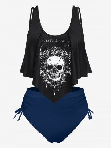 Plus Size & Curve Gothic Skull Print Ruffled Overlay Tankini Swimwear - INDIGO COLOR - 5X