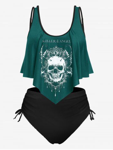 Plus Size & Curve Gothic Skull Print Ruffled Overlay Tankini Swimwear - PLANT GREEN - 3X
