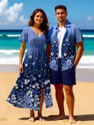 Flowers Leaf Ombre Print Plus Size Matching Hawaii Beach Outfit For Couples -  