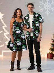 Christmas Tree Snowman Star Dots Print Plus Size Matching Outfit For Couples -  
