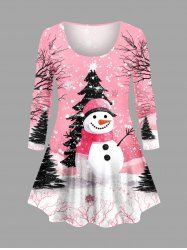 T-shirt à manches longues grande taille avec imprimé sapin de Noël, bonhomme de neige et flocons de neige - Rose clair 3X
