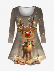 T-shirt à manches longues grande taille avec imprimé de flocons de neige et de lumières de Noël en forme de cerf - Bronze 2X