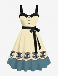Plus Size Octopus Hat Colorblock Print Buttons Turn Down Collar Hawaii Dress With Belt -  