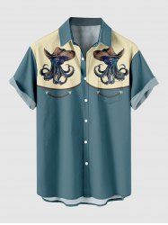 Plus Size Octopus Hat Colorblock Print Buttons Pocket Hawaii Shirt For Men -  