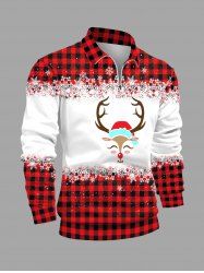 Plus Size Christmas Plaid Elk Bowknot Snowflake Print Zipper Polo Shirt -  