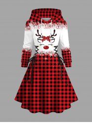 Plus Size Christmas Plaid Elk Bowknot Snowflake Print Drawsting Hoodie Dress -  