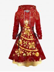 Plus Size Christmas Tree Bowknot Ball Bell Flowers Snowflake Print Lace Up Drawstring Hoodie Dress -  