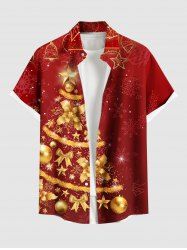 Plus Size Christmas Tree Bowknot Ball Bell Flowers Snowflake Print Buttons Pocket Shirt For Men - Rouge 2XL
