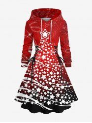 Plus Size Christmas Tree Stars Print Lace Up Drawstring Hoodie Dress -  