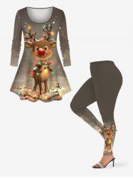 Christmas Light Elk Snowflake Print Plus Size Matching Set - Bronze 