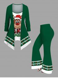 Christmas Hat Light Cute Bear Print Patchwork 2 in 1 Long Sleeves Top and Flare Pants Plus Size Matching Set -  
