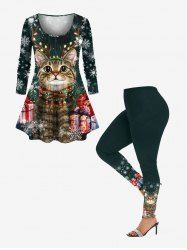 Christmas Snowflake Gift Cat Elk Print Long Sleeves Women T-shirt and Leggings Plus Size Matching Set -  