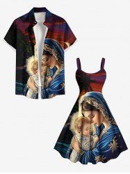 Christmas Birth of Jesus Coconut Tree Ombre Dusk Print Plus Size Matching Outfit For Couples -  