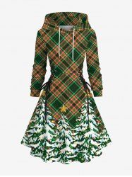 Plus Size Christmas Tree Plaid Print Lace Up Hooded A Line Dress -  