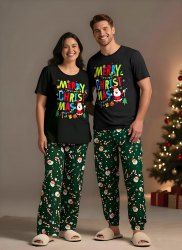 Matching Santa Claus Snowflake Letter Christmas Pajamas for Couples Sleepwear Set -  