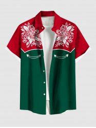 Plus Size Christmas Flower Leaf Holly Colorblock Print Button Pocket Shirt For Men -  