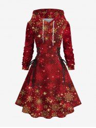 Plus Size Christmas Snowflake Tie Dye Print Lace Up Drawstring Hoodie Dress -  