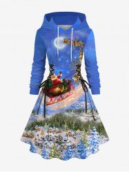 Plus Size Christmas Tree Santa Claus Elk Sled Galaxy Print Lace Up Drawstring Hoodie Dress -  