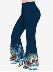 Pantalon évasé grande taille à imprimé ombré sapin de Noël, élan et flocons de neige - Bleu Marine S