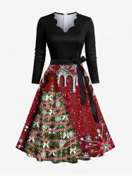 Plus Size Christmas Tree Flower Snowflake Paint Drop Print Scalloped Neck A Line Dress with Removable Belt -  