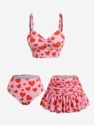 Heart Print Ruched Skirt 3 Piece Tankini Swimsuit -  