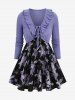 Flower Printed Camisole and Ruffles Cropped Top Set and Butterfly Applique Ribbed Pocket Flare Pants Outfit -  