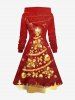 Plus Size Christmas Tree Bowknot Ball Bell Flowers Snowflake Print Lace Up Drawstring Hoodie Dress -  