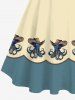 Plus Size Octopus Hat Colorblock Print Buttons Turn Down Collar Hawaii Dress With Belt -  