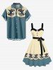 Plus Size Octopus Hat Colorblock Print Buttons Turn Down Collar Hawaii Dress With Belt -  