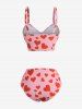 Heart Print Ruched Skirt 3 Piece Tankini Swimsuit -  