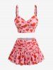 Heart Print Ruched Skirt 3 Piece Tankini Swimsuit -  