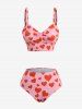 Heart Print Ruched Skirt 3 Piece Tankini Swimsuit -  
