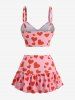 Heart Print Ruched Skirt 3 Piece Tankini Swimsuit -  