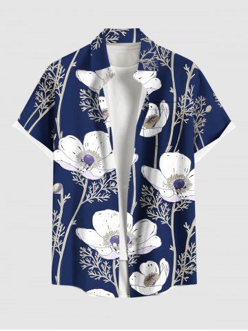 Plus Size Flowers Leaf Print Buttons Pocket Hawaii Shirt For Men - NAVY BLUE - 5XL