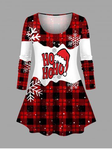 Plus Size Christmas Hat Plaid Snowflake Print Long Sleeves T-shirt - RED - S