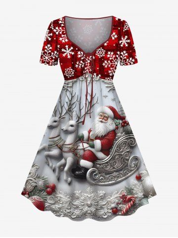 Plus Size Christmas Snata Claus Sled Elk Snowflake Flowers Plaid Print Cinched Dress - RED - S